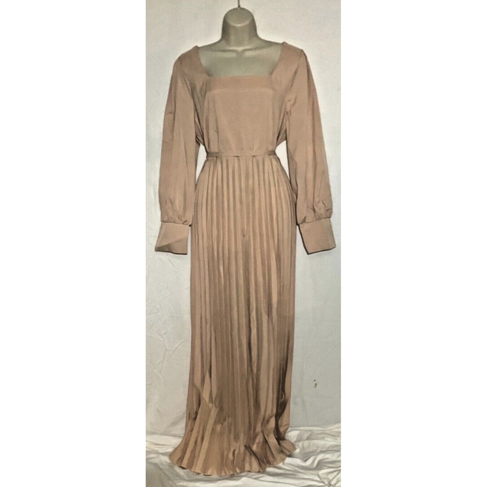 VONDA Women Elegant Long Sleeves Beige Ladies Party Dress Pleated w/ Belt 2XL